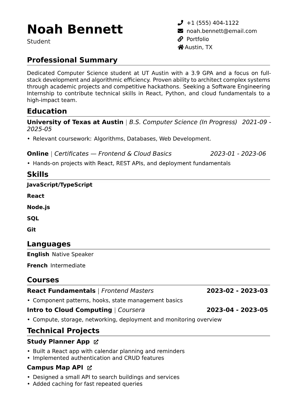 Classic ATS-friendly resume template, professional resume example for the general job market, clean one-column resume layout for software engineer, operations, finance, healthcare, and career change roles